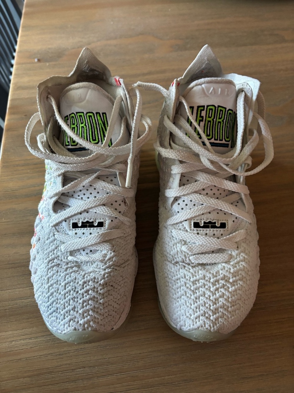 Nike White Knit LeBron Basketball Shoes with Neon Accent